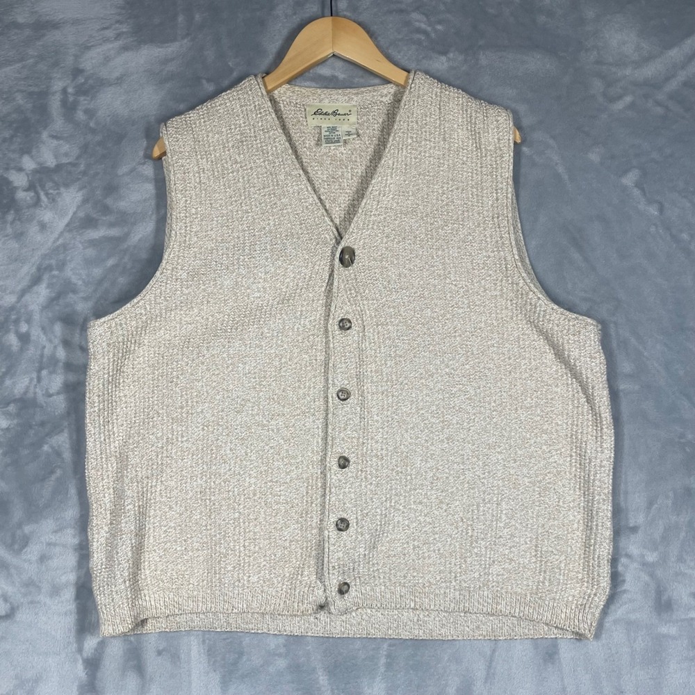 Vintage Eddie Bauer Mens Knit V Neck Button Vest Tan Size M 100% Cotton Made USA